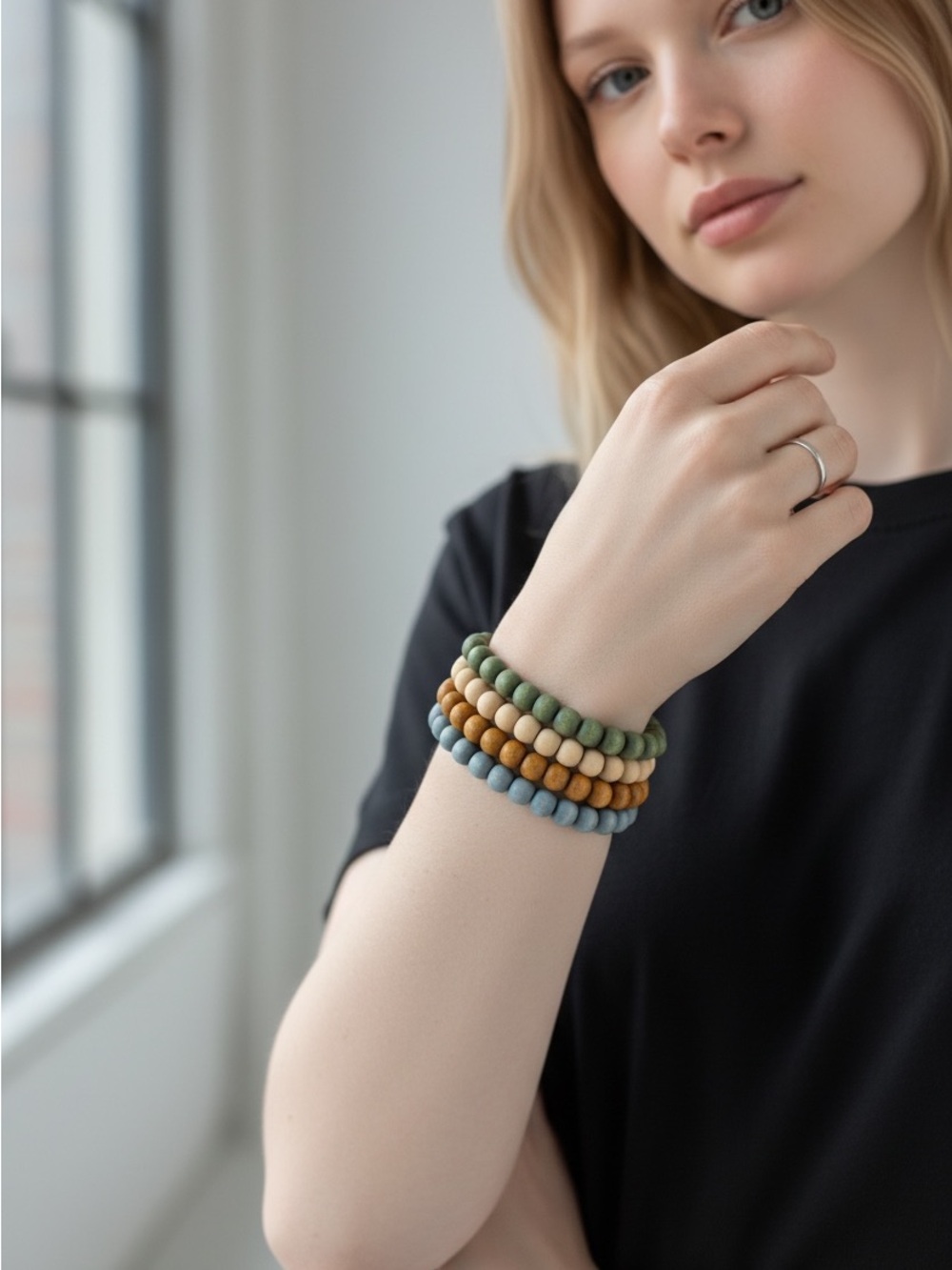 9/11 Stacked Beaded Bracelets - Green, Mustard & Blue